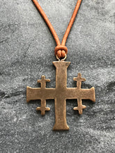 Load image into Gallery viewer, Jerusalem Cross Solid Bronze and Leather Necklace
