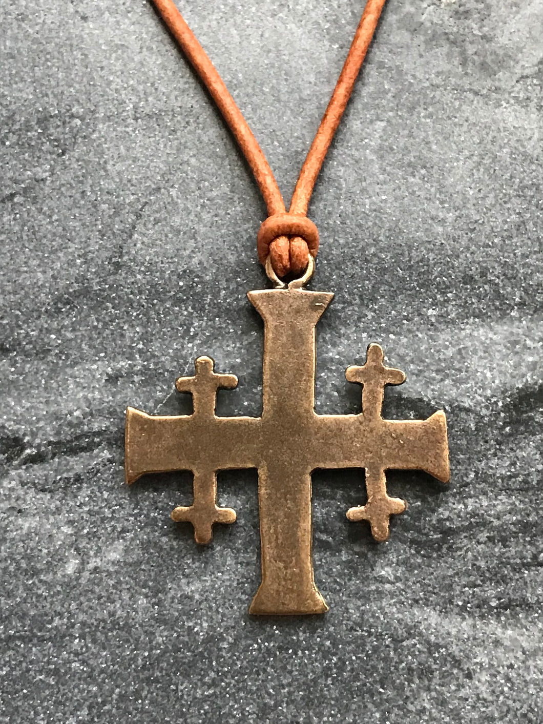 Jerusalem Cross Solid Bronze and Leather Necklace