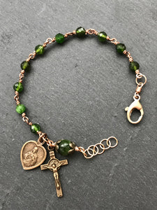 Saint Benedict Scapular Chrome Diopside and Bronze Rosary Bracelet -Sacred Heart