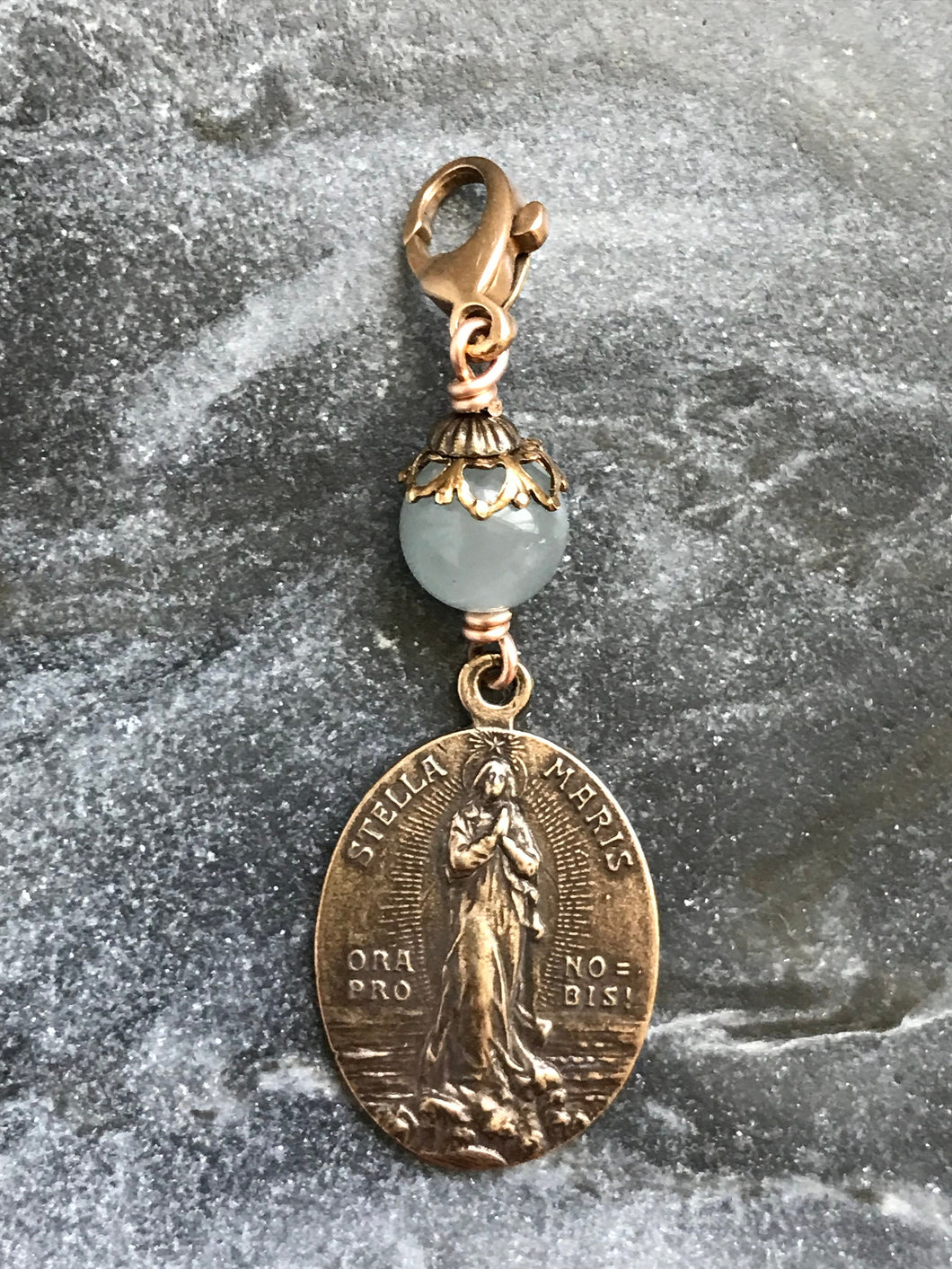 Bag Charm  Catholic Stella Maris Zipper Pull - Bronze and Aquamarine