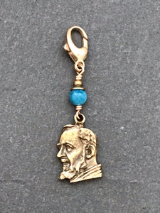 Bag Charm - Catholic - Saint Padre Pio Zipper Pull - Bronze and Apatite