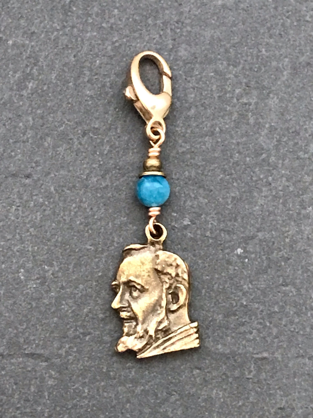 Bag Charm - Catholic - Saint Padre Pio Zipper Pull - Bronze and Apatite