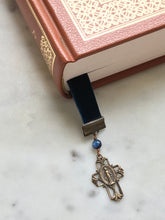 Load image into Gallery viewer, Velvet Catholic Bookmark - Virgin Mary - Bronze - Sapphire Blue Velvet
