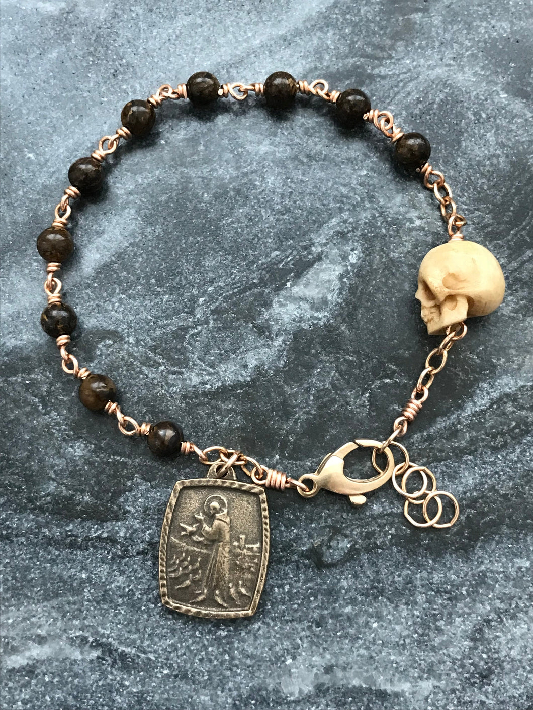 Memento Mori Rosary Bracelet - Saint Francis  - Solid Bronze and Bronzite