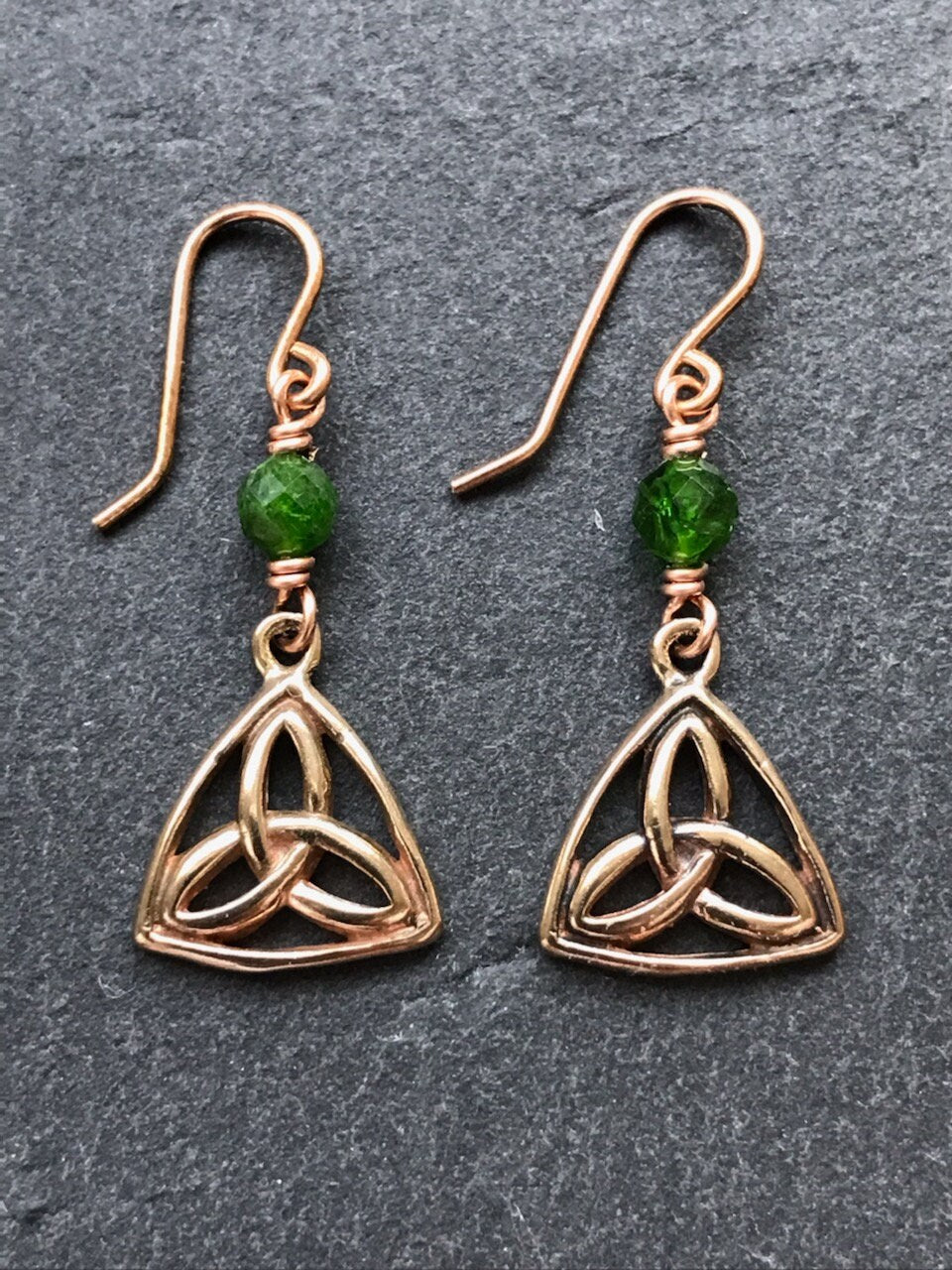 Celtic Trinity Knot Earrings - Bronze and Chrome Diopside