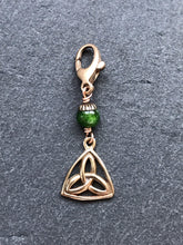 Load image into Gallery viewer, Bag Charm - Catholic - Celtic Trinity Knot Zipper Pull - Bronze and Diopside
