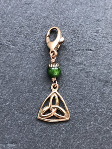 Bag Charm - Catholic - Celtic Trinity Knot Zipper Pull - Bronze and Diopside