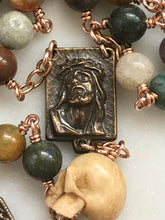 Load image into Gallery viewer, Memento Mori Rosary - San Damiano Crucifix - Jasper and Ox Bone Skulls - Bronze - Wire-wrapped - CeCeAgnes
