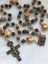 Load image into Gallery viewer, Memento Mori Rosary - San Damiano Crucifix - Jasper and Ox Bone Skulls - Bronze - Wire-wrapped - CeCeAgnes
