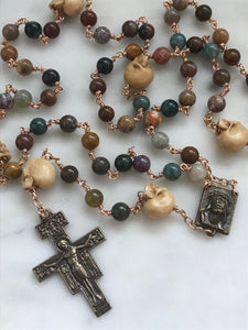 Memento Mori Rosary - San Damiano Crucifix - Jasper and Ox Bone Skulls - Bronze - Wire-wrapped - CeCeAgnes