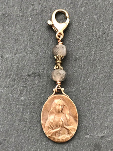 Bag Charm - Catholic - Our Lady of Lourdes Zipper Pull - Bronze and Labradorite