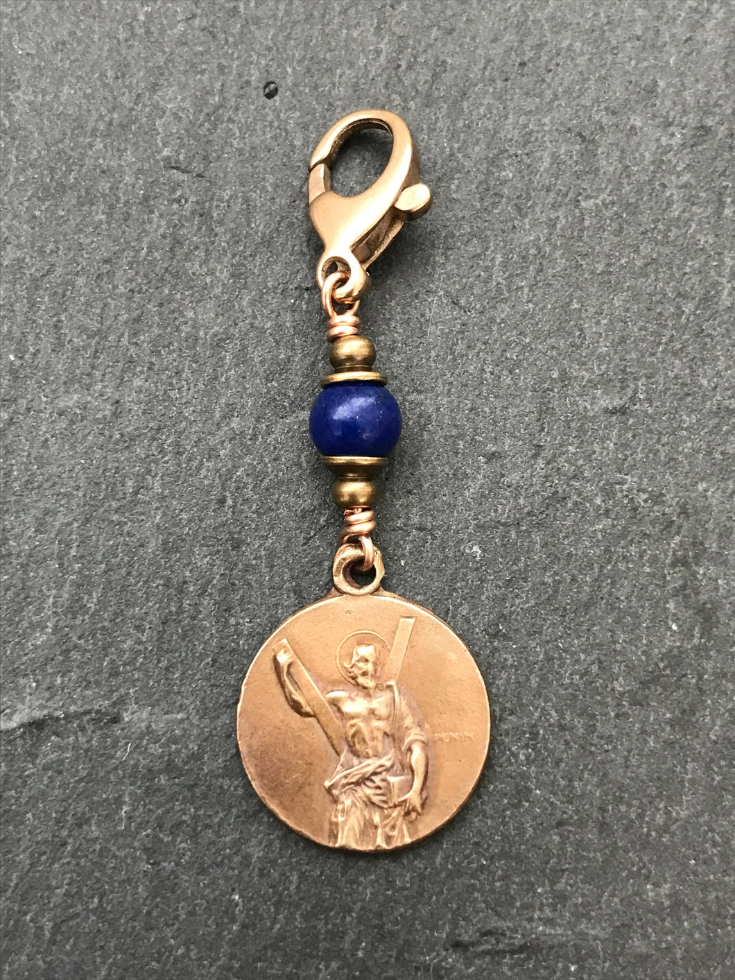 Bag Charm - Catholic - Saint Andrew Saltire Zipper Pull - Bronze and Lapis