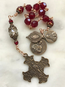 Sacred Heart Pocket Rosary - Our Lady of Sorrows - Red Siam Crystals and Bronze CeCeAgnes