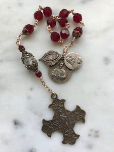 Sacred Heart Pocket Rosary - Our Lady of Sorrows - Red Siam Crystals and Bronze CeCeAgnes