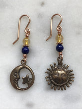 Load image into Gallery viewer, Saint Francis Brother Sun and Sister Moon - Bronze, Citrine and Lapis Earrings
