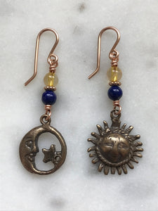 Saint Francis Brother Sun and Sister Moon - Bronze, Citrine and Lapis Earrings