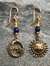 Load image into Gallery viewer, Saint Francis Brother Sun and Sister Moon - Bronze, Citrine and Lapis Earrings
