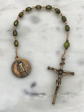 Load image into Gallery viewer, Saint Lawrence Pocket Rosary - Peridot and Bronze - Single Decade Tenner -August - CeCeAgnes
