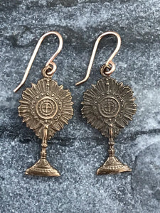 Monstrance Catholic Earrings - Eucharist - Blessed Sacrament - Solid Bronze