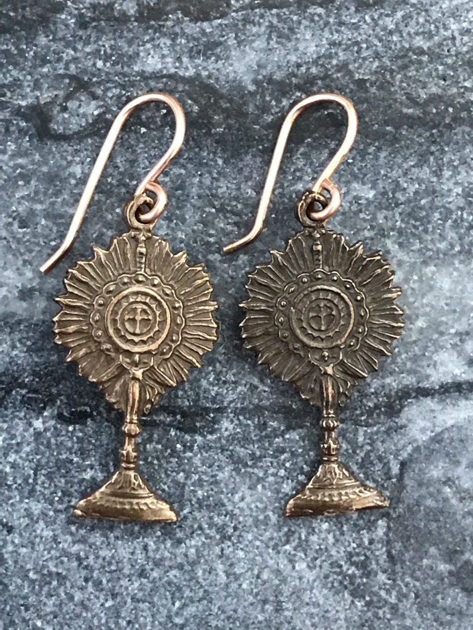 Monstrance Catholic Earrings - Eucharist - Blessed Sacrament - Solid Bronze