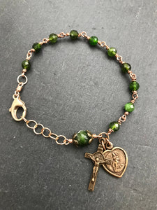 Saint Benedict Scapular Chrome Diopside and Bronze Rosary Bracelet -Sacred Heart