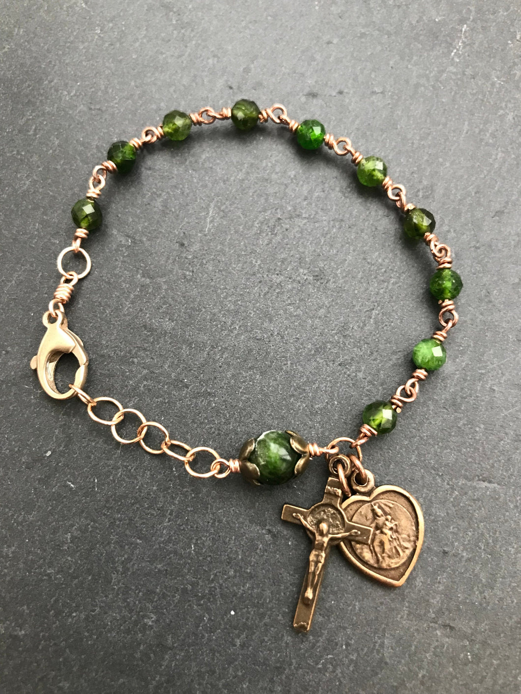 Saint Benedict Scapular Chrome Diopside and Bronze Rosary Bracelet -Sacred Heart