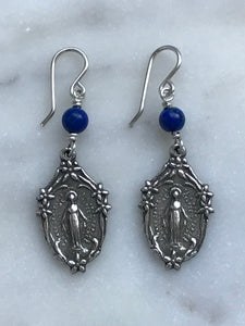 Miraculous Medal Sterling Silver Earrings - Lapis CeCeAgnes