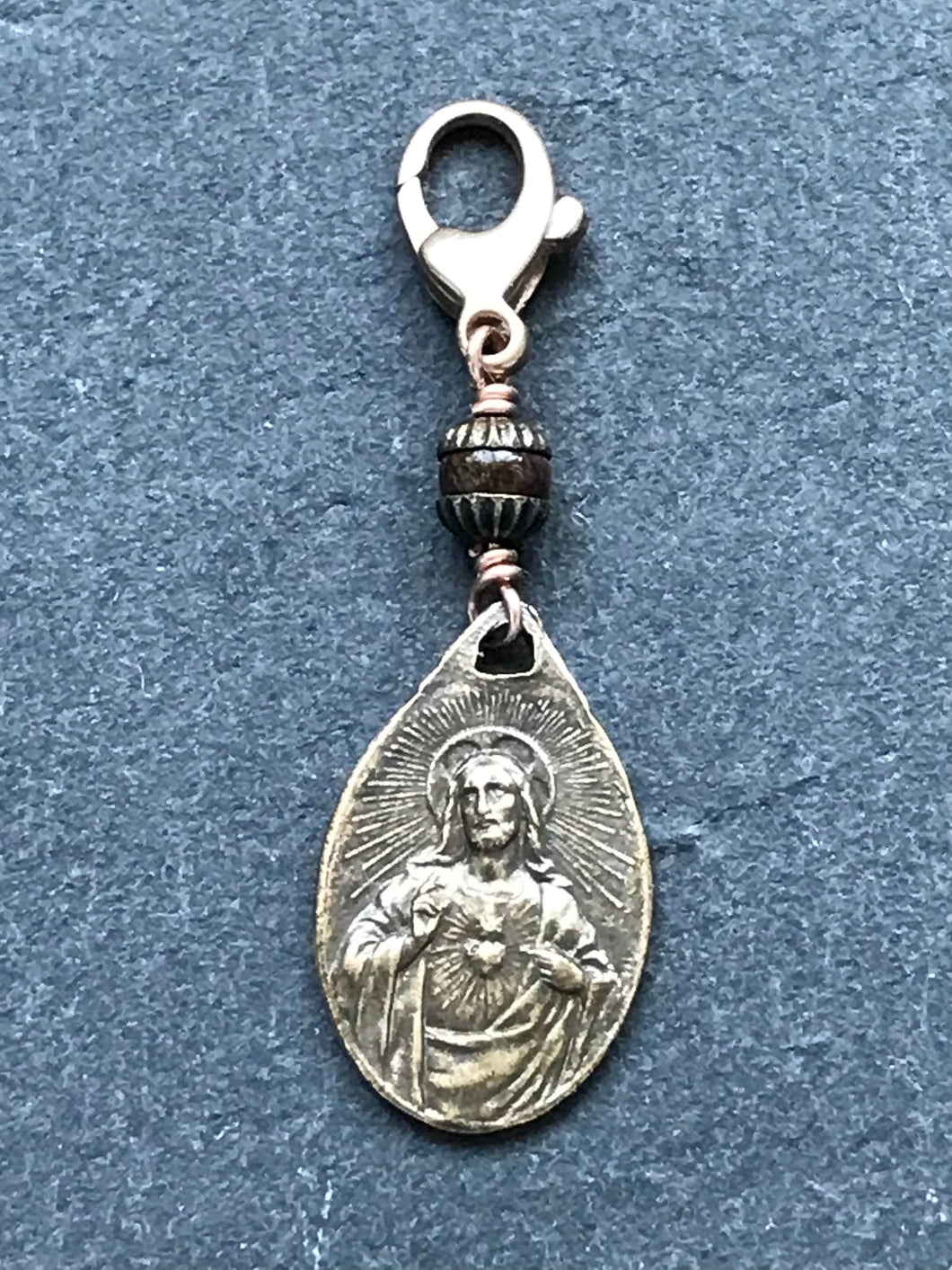 Bag Charm - Catholic - Sacred Heart Zipper Pull - Bronze and Bronzite