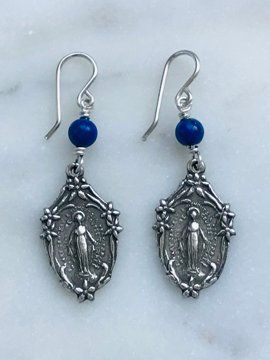 Miraculous Medal Sterling Silver Earrings - Lapis CeCeAgnes