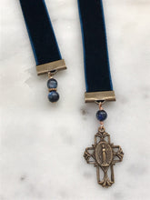 Load image into Gallery viewer, Velvet Catholic Bookmark - Virgin Mary - Bronze - Sapphire Blue Velvet
