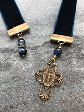 Load image into Gallery viewer, Velvet Catholic Bookmark - Virgin Mary - Bronze - Sapphire Blue Velvet
