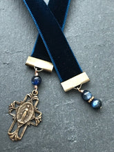 Load image into Gallery viewer, Velvet Catholic Bookmark - Virgin Mary - Bronze - Sapphire Blue Velvet

