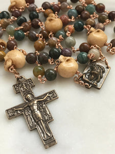 Memento Mori Rosary - San Damiano Crucifix - Jasper and Ox Bone Skulls - Bronze - Wire-wrapped - CeCeAgnes