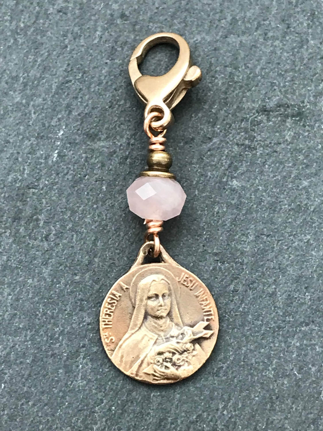 Bag Charm - Catholic - Saint Therese Zipper Pull - Bronze and Morganite