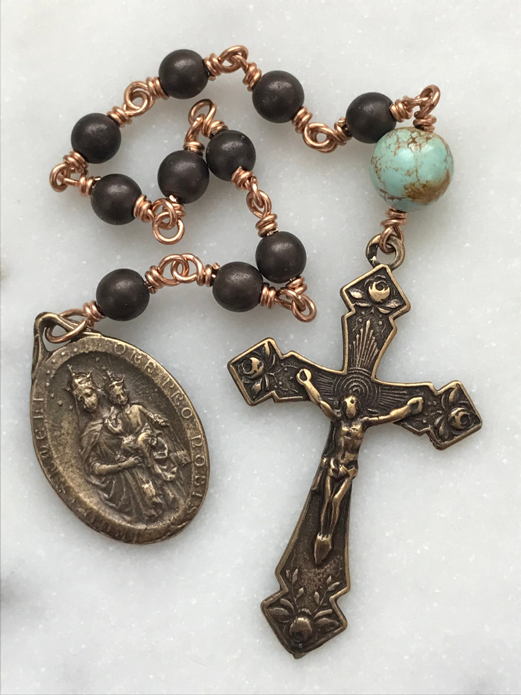 Tiny Our Lady of Carmel Rosary - Sacred Heart Hematite Single Decade Rosary CeCeAgnes