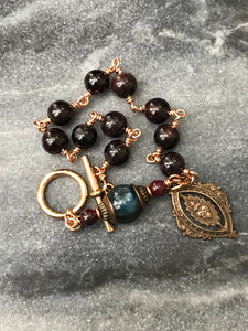 Sacred Heart Bronze Rosary Bracelet - Garnet Gemstones