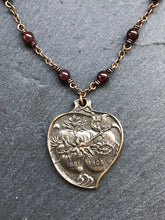 Load image into Gallery viewer, Two Hearts Necklace - Sacred and Immaculate Heart - Solid Bronze and Garnet
