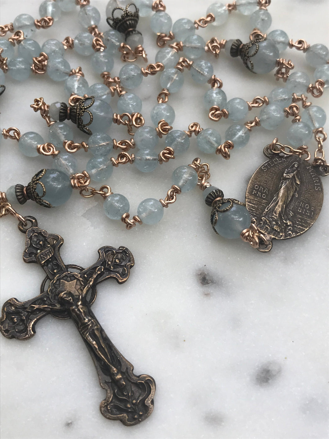 Aquamarine Rosary - Bronze - Stella Maris Center CeCeAgnes