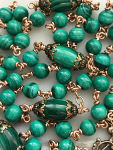 Green Malachite Rosary - Bronze - Marian Auspice - Virgin Mary - Spanish Crucifix CeCeAgnes