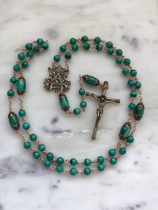 Green Malachite Rosary - Bronze - Marian Auspice - Virgin Mary - Spanish Crucifix CeCeAgnes