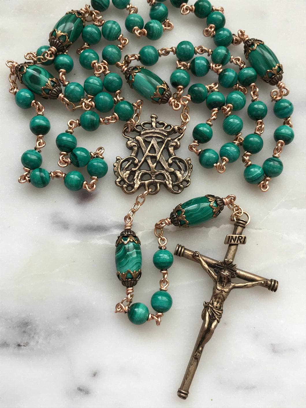 Green Malachite Rosary - Bronze - Marian Auspice - Virgin Mary - Spanish Crucifix CeCeAgnes