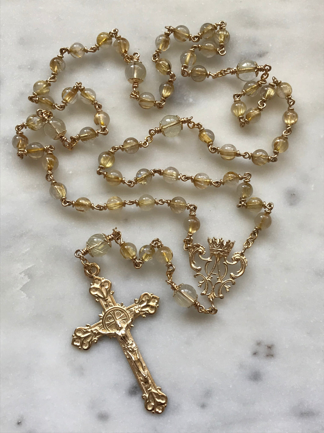 14K Gold Rosary Medals - Gold Rutilated Titanium Quartz - CeCeAgnes