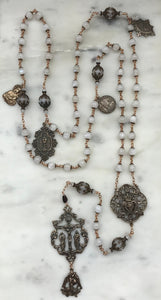 White Moonstone and Bronze Rosary - Antique French Reproduction Medals CeCeAgnes