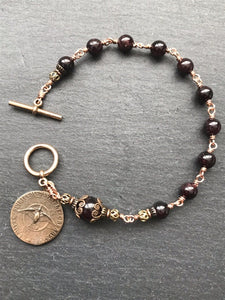 Holy Spirit and Trinity Bronze Rosary Bracelet - Garnet Gemstones