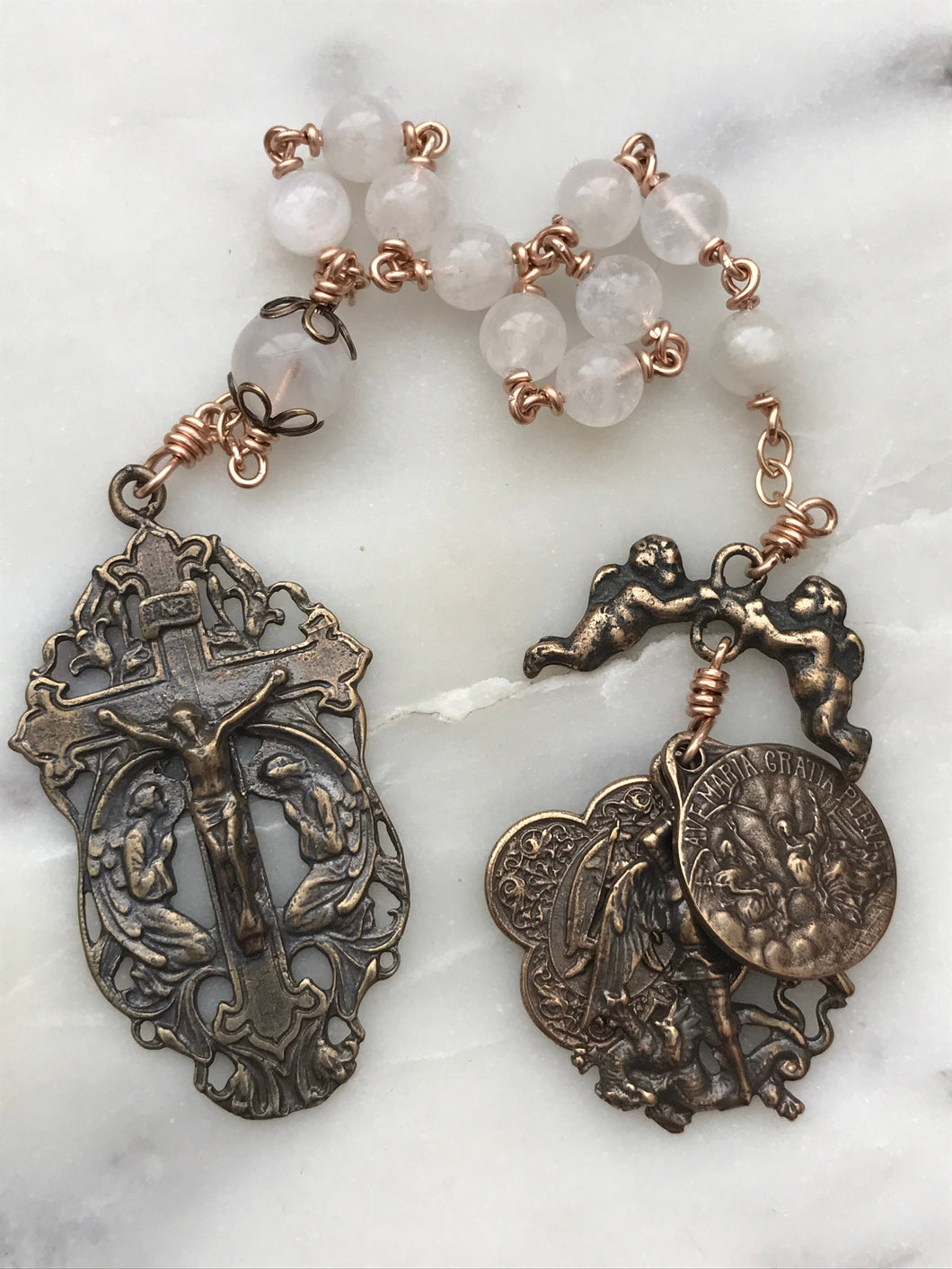 Angels Pocket Rosary - Moonstone and Bronze - Archangels Rosary - Michael, Gabriel, Raphael CeCeAgnes