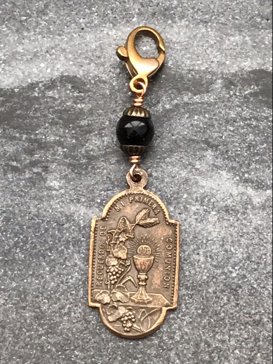 Bag Charm Catholic First Holy Communion Zipper Pull - Bronze and Citrine - Blessed Sacrament - Holy Eucharist