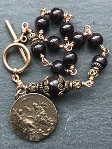 Holy Spirit and Trinity Bronze Rosary Bracelet - Garnet Gemstones