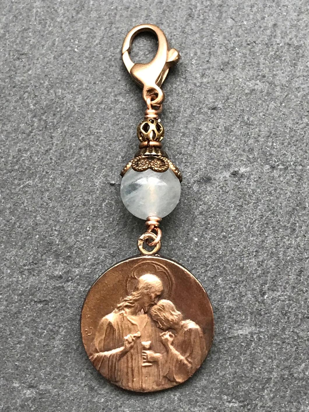 Bag Charm Saint John Zipper Pull - Bronze and Aquamarine