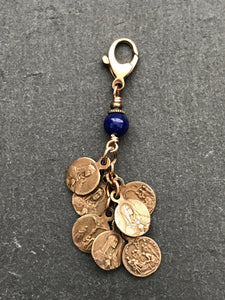 Seven Sorrows Bag Charm - Zipper Pull - Bronze and Aquamarine