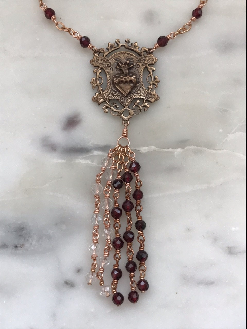 Sacred Heart Auto Rosary - Topaz and Garnets - Bronze Medals - Rear View Mirror Rosary CeCeAgnes